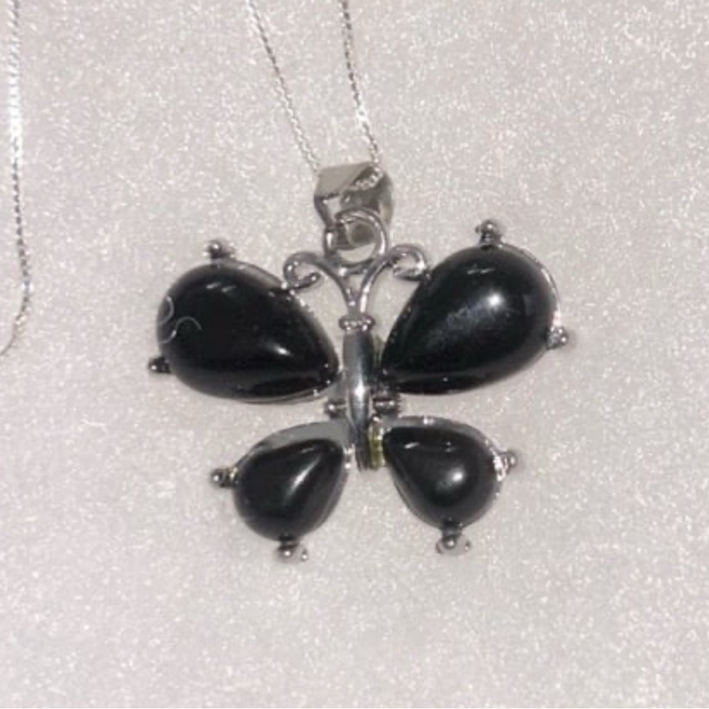 Boho hippie Black Onyx Butterfly Sterling Silver 16” Necklace